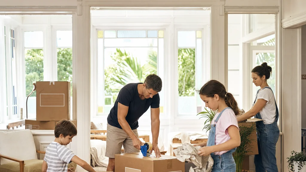 A family packing labelled cardboard boxes in a living room on moving day