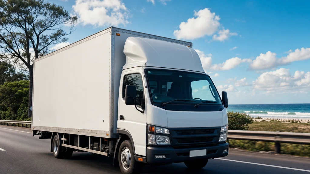 A moving truck driving along a highway between Brisbane and the Gold Coast