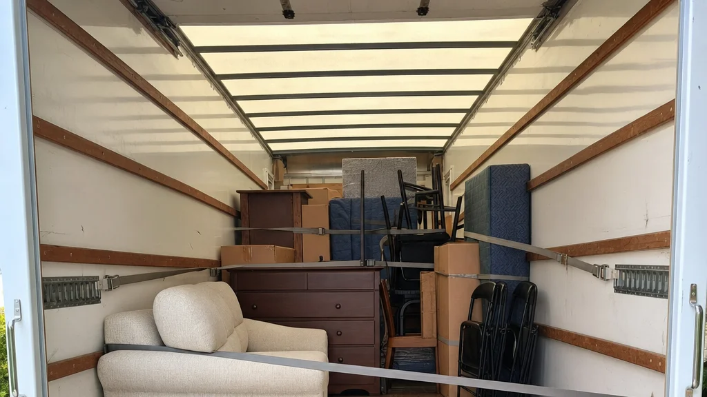 The inside of a moving truck partially loaded with furniture secured by straps