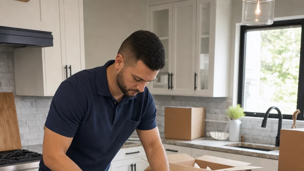 A professional packer wrapping fragile glassware in bubble wrap on a kitchen counter