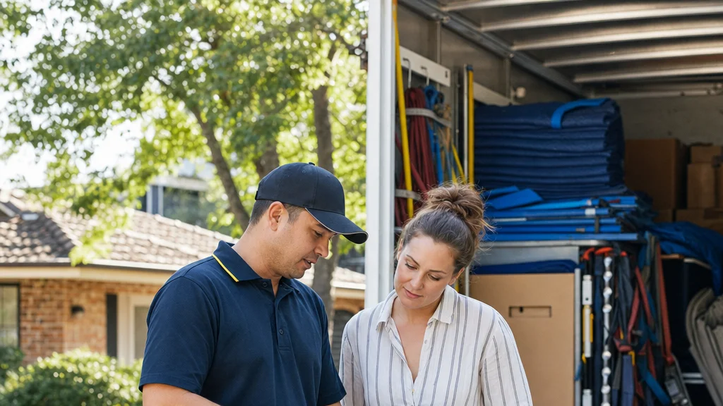 A removalist crew leader reviewing an inventory checklist with a customer beside a moving truck