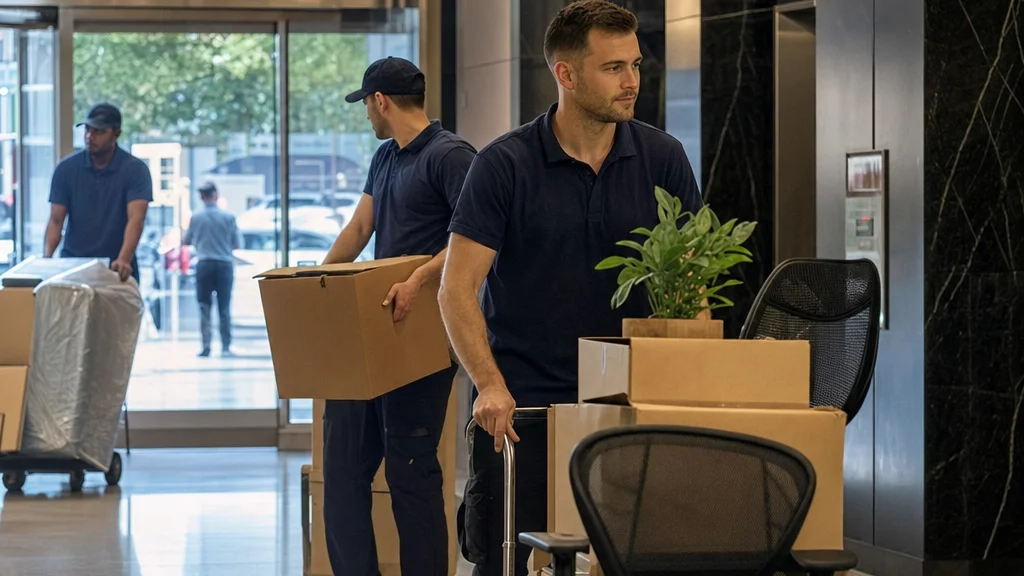 Removalists carrying office furniture and boxes out of a modern office building
