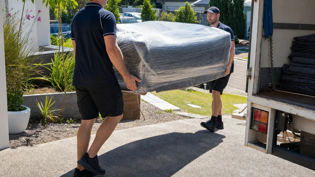 Two removalists carrying a wrapped sofa into a moving truck outside an Australian home