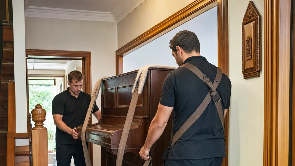 Removalists moving an upright piano on a piano trolley down a hallway