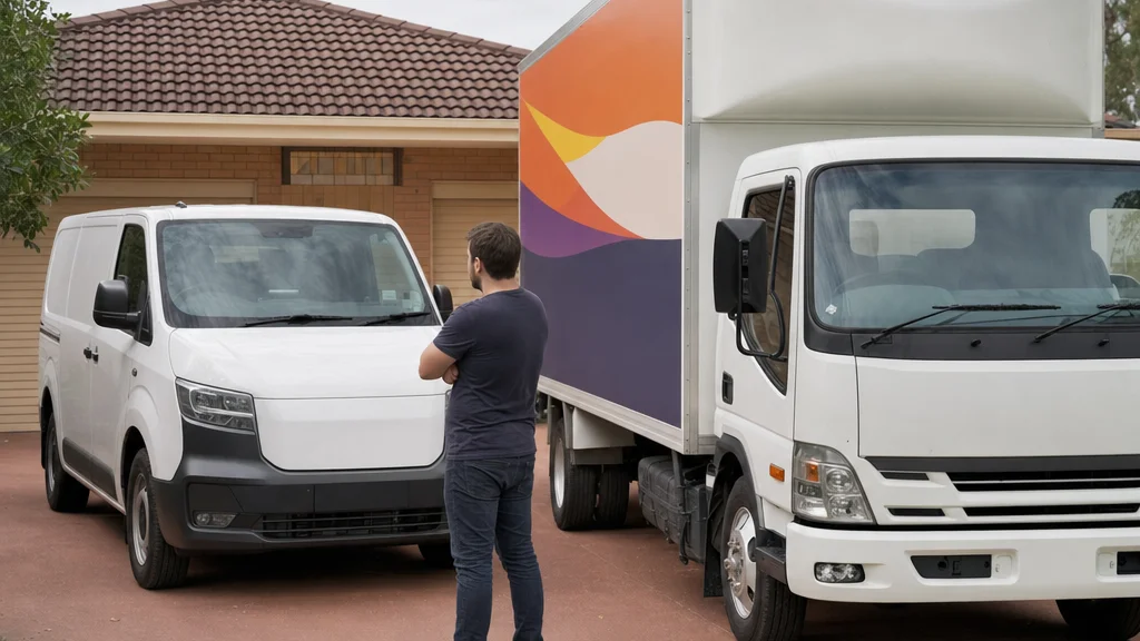 A rental van and a professional moving truck parked side by side in a driveway