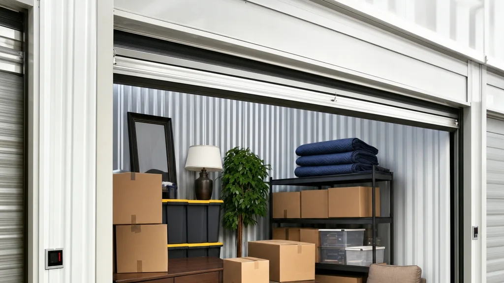The interior of a self-storage unit with neatly stacked labelled boxes and furniture