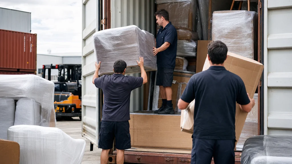 A shipping container being loaded with wrapped furniture and boxes at a freight depot